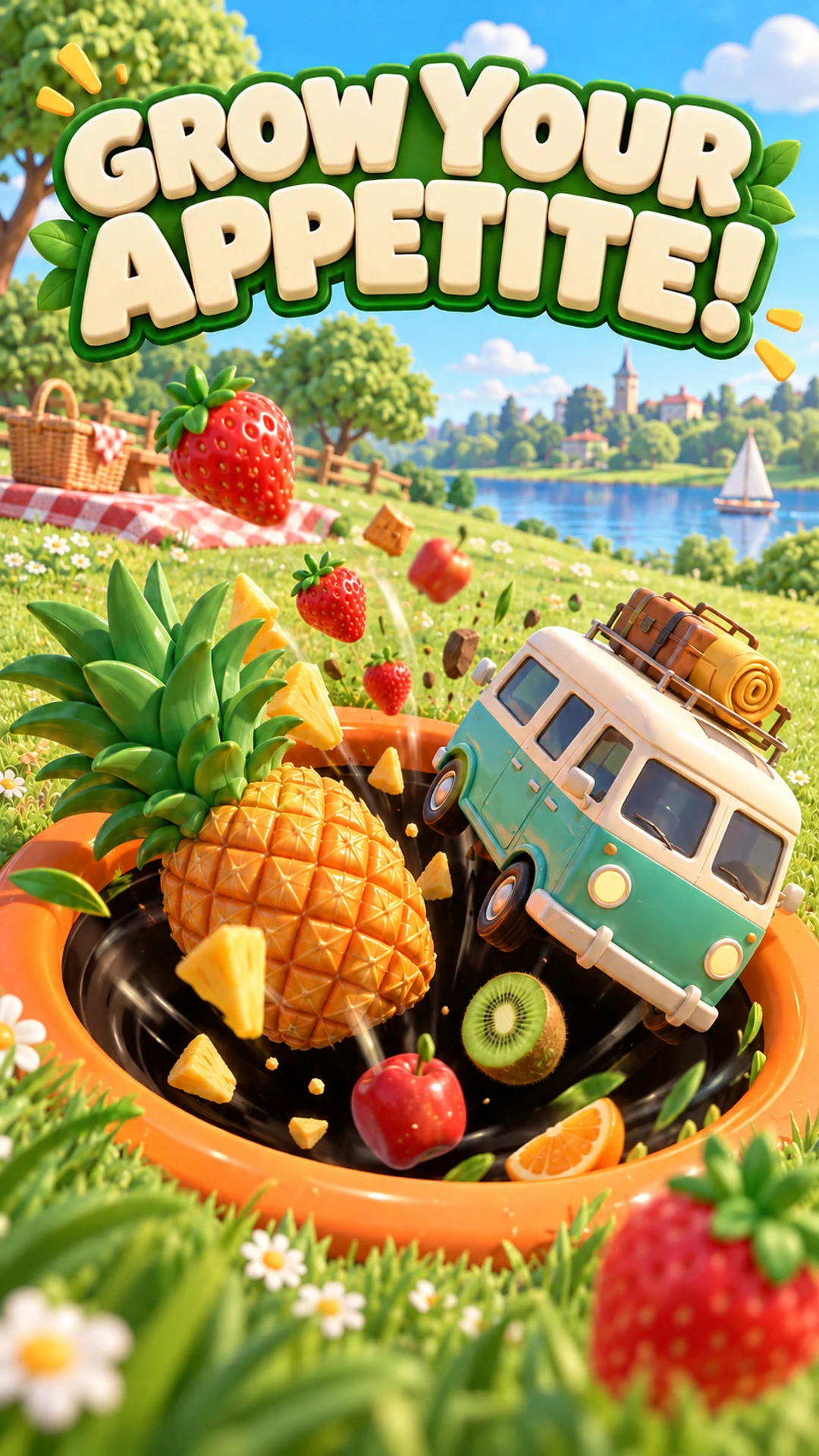 Illustration of a growing hole swallowing fruit and a toy camper